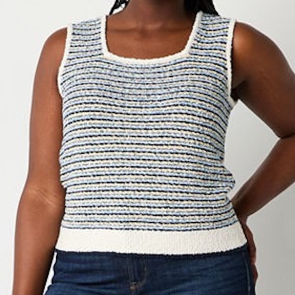 Liz Claiborne Womens XL Square Neck Sleeveless Sweater Tank Blue Beige Stripes